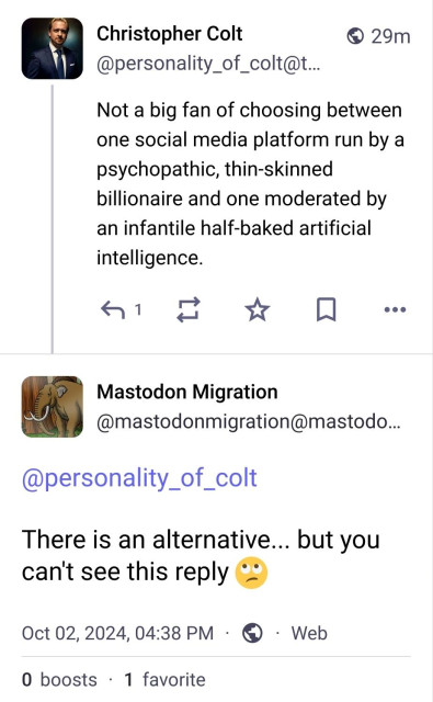 Screenshot of a Threads user complaining about Threads moderation as seen from Mastodon, with a reply that the Treads user will not see.