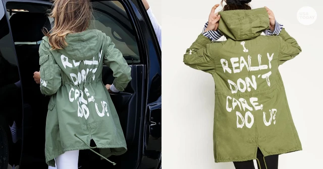 Photo showing Melania Trump and a model wearing a coat that says “I really don’t care do U?”