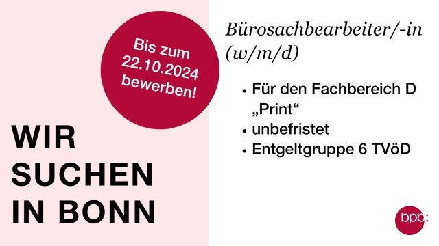 Wir suchen in Bonn eine Bürosachbearbeitung (w/m/d) für den Fachbereich D "Pint". Die Stelle ist unbefristet. Entgeltgruppe 6 TVöD. Wir freuen uns über Bewerbungen bis zum 22. Oktober.