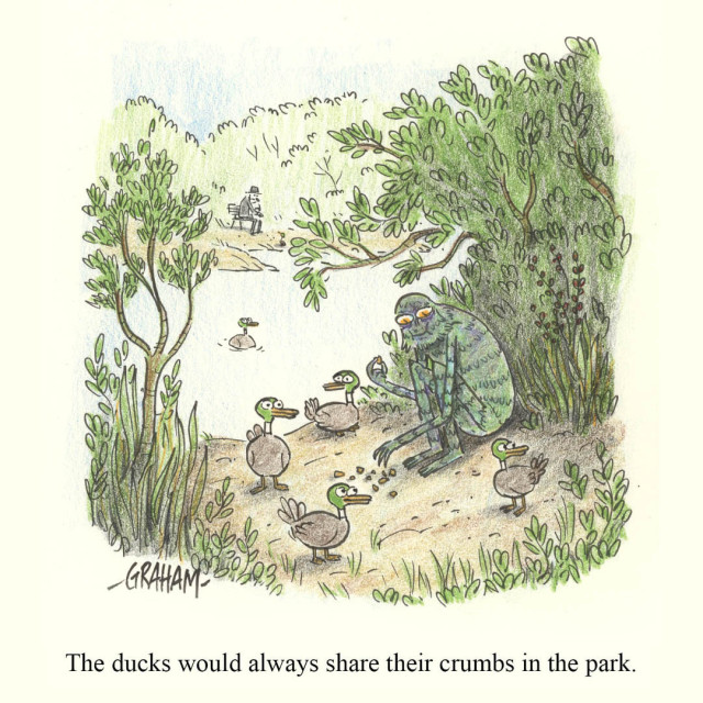 A cartoon illustration of ducks in a park secretly sharing breadcrumbs with a Gill man hidden in the bushes beside a pond.