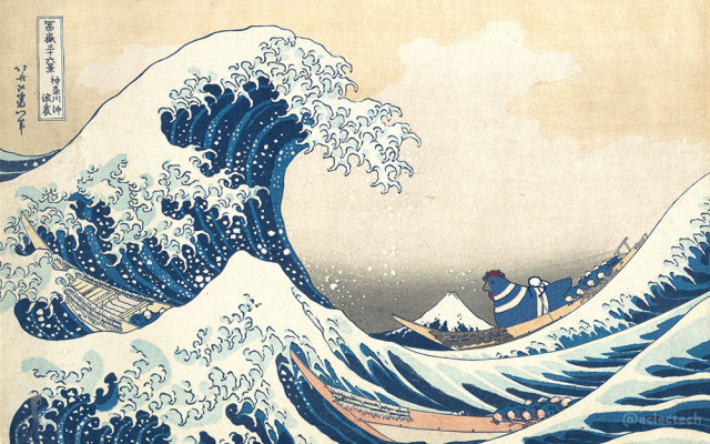 The Great Wave off Kanagawa by Hokusai, depicting three boats moving through a storm-tossed sea, with a large, cresting wave forming a spiral in the centre over the boats and Mount Fuji visible in the background. Each boat has rowers who are holding their oars. I have added a large knitted chicken into one of the boats, with her hand drawn friend holding on to her and an oar.