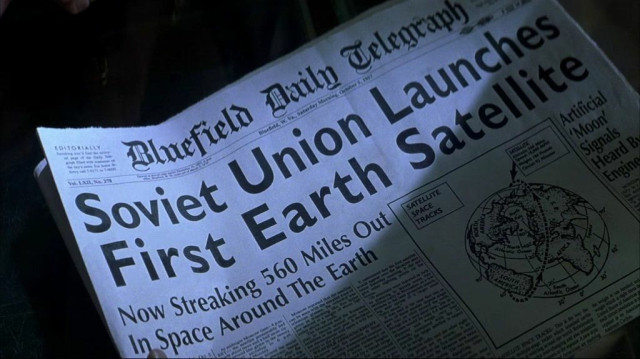 The front page of the Bluefield Daily Telegraph newspaper. It says "Soviet Union Launches First Earth Satellite. Now streaming 560 miles out in space around the Earth"