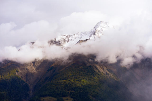 A majestic mountain landscape with a snow-capped peak partially obscured by clouds. The foreground shows densely forested lower slopes in deep green, transitioning to bare rocky terrain higher up. Wispy clouds swirl around the mountain's middle, creating a dramatic contrast between the lush vegetation below and the stark, snow-covered summit above.