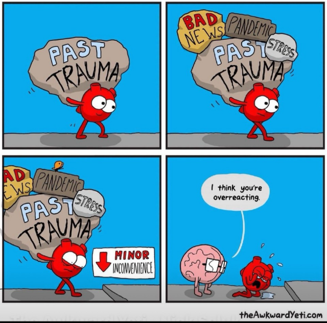 A comic where the heart character is carrying past trauma, bad news, pandemic, stress and then trips over a minor inconvenience and trips and cries. The brain character says “I think you’re overreacting.” while the heart cries. 