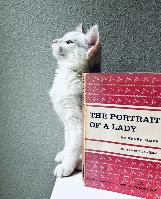 Blume standing tall next to a vintage edition of Henry James’ The Portrait of a Lady. 