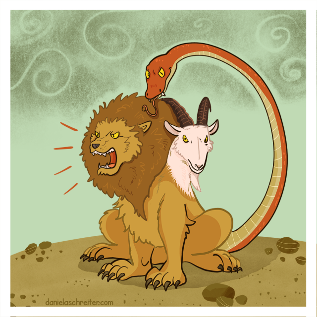 Comic Illustration: A chimera with two heads: the first head is a roaring lion, the second head is a goat. Its tail is a big red snake. The chimera is sitting on a rocky yellow underground.