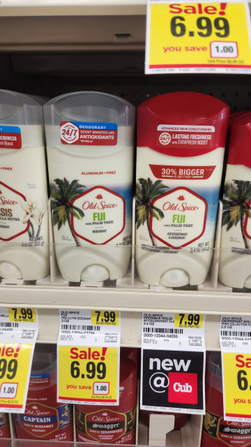 A display of Old Spice deodorant with the FIJI scent, easily misread as FUI