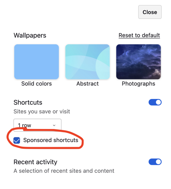 "sponsored shortcuts" is enabled again