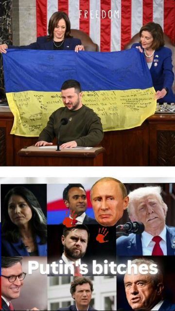 Kamala Harris, Speaker Nancy Pelosi and President Zelenskyy of Ukraine in the address of the US Congress with the battle flag from Bakhmut Ukraine.
in the top of the photo.


In the bottom of the photo Putin's agents and enemies of American democracy.

