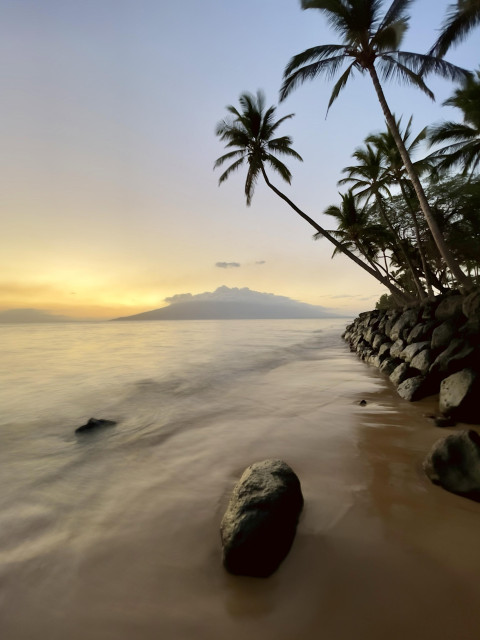 A serene beach scene at sunset, featuring gentle waves lapping against a sandy shore. Silhouetted palm trees frame the view, and a rocky shoreline is visible in the foreground. In the background, another hazy island is visible.