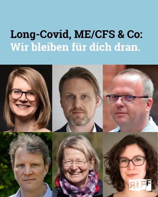 Die Kachel zeigt die Gesichter hinter unserem Rechreche-Kollektiv Postviral. Darauf der Text: Long-Covid, ME/CFS & Co: Wir bleiben für dich dran.