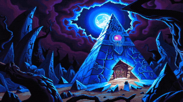 Pixel art of a gargantuan pyramid, its face etched with cerulean veins that pulse with an inner luminescence. The apex glows with a rosy-violet aura emanating from a circular portal, its edges shimmering like captured stardust. Jagged obsidian peaks claw at the indigo sky on either side, framing the monolithic structure in a desolate embrace. Crumbling stone whispers tales of epochs past; fissures scar the pyramid's surface, hinting at forgotten tremors and ancient upheavals. The colossal entrance, though sealed, emits a ghostly luminescence, suggesting a slumbering sentience within. Above, a full moon hangs heavy in a velvet sky bruised with swirling amethyst clouds, casting an ethereal glow upon the scene. Shadows stretch and twist, mimicking the jagged forms of the landscape below. The world is rendered in shades of midnight blue, twilight purple, and starless black, a symphony of hues that speaks of cosmic mysteries and forgotten realms.  