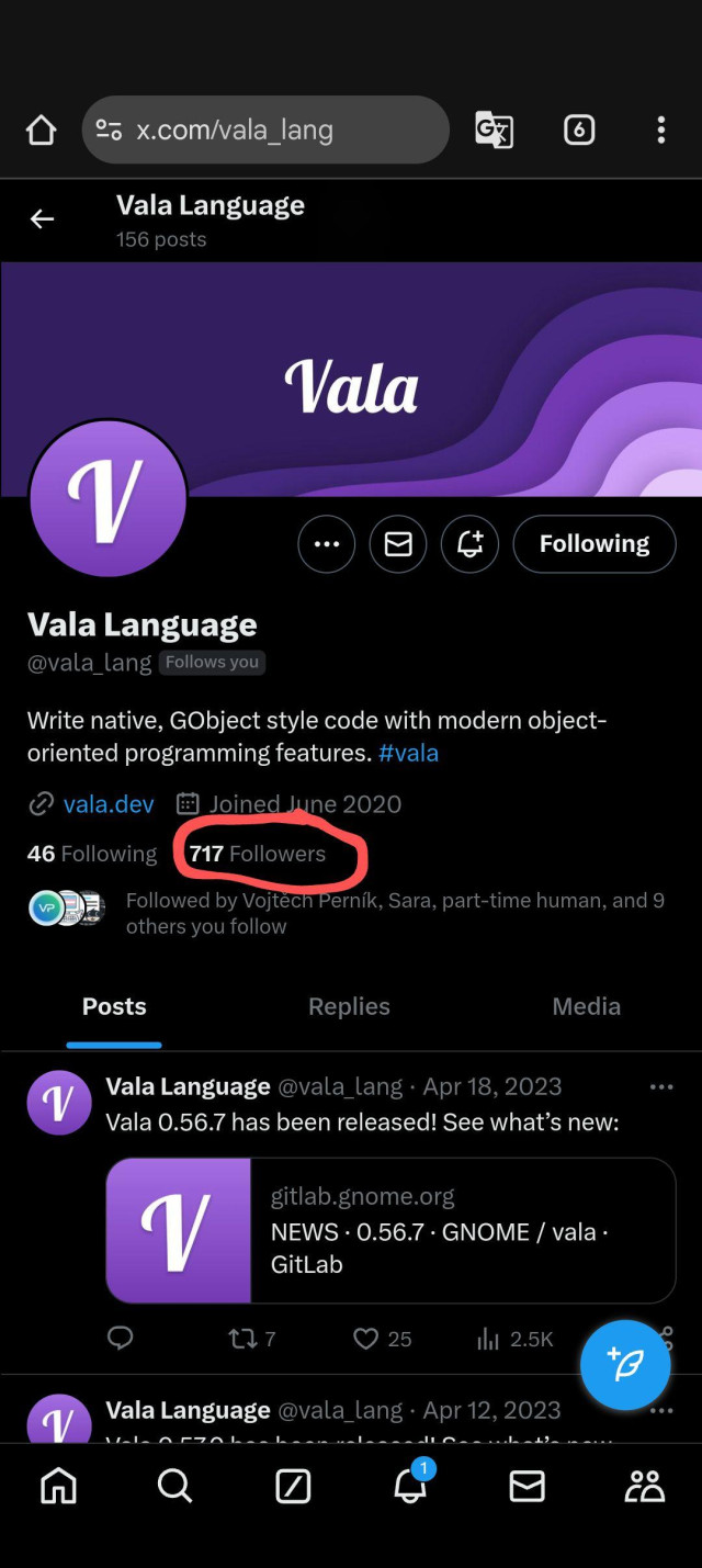 Screenshot of the old Vala Twitter account, with 717 followers