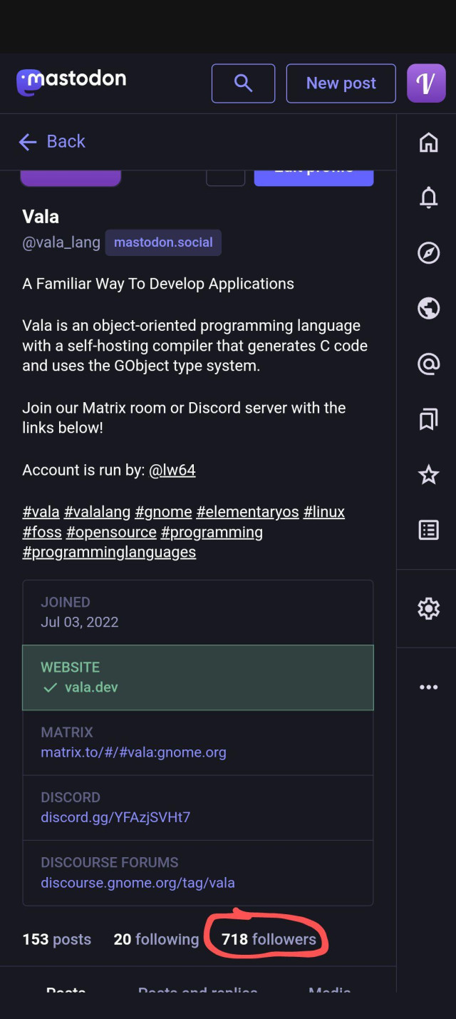 Screenshot of this Mastodon account, with 718 followers