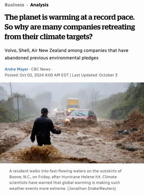 Screenshot from top of linked article. Headline says: "Why are companies retreating from their climate targets?" Below this is a photo of floodwaters covering a road in North Carolina following Hurricane Helene.