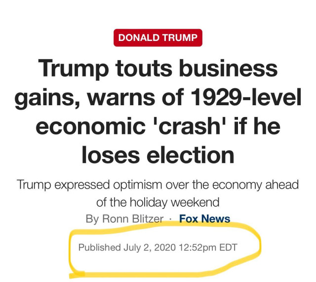 Trump touts business gains, warns of 1929-level economic 'crash' if he loses election 

Trump expressed optimism over the economy ahead of the holiday weekend 

By Ronn Blitzer - Fox News

Published July 2, 2020 12:52pm EDT 