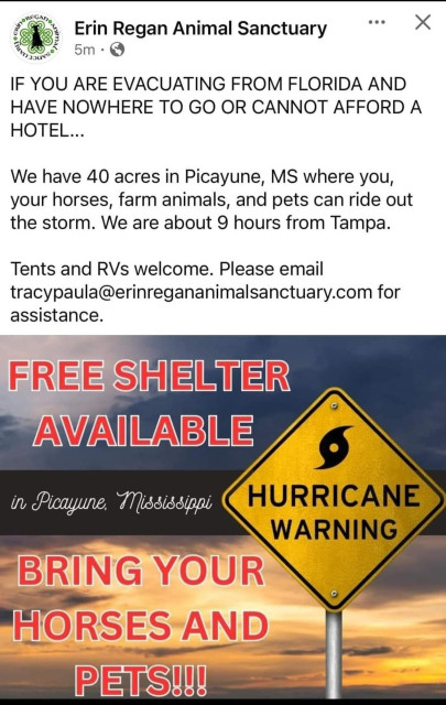 "Erin Regan Animal Sanctuary IF YOU ARE EVACUATING FROM FLORIDA AND HAVE NOWHERE TO GO OR CANNOT AFFORD A HOTEL... We have 40 acres in Picayune, MS where you, your horses, farm animals, and pets can ride out the storm. We are about 9 hours from Tampa. Tents and RVs welcome. Please email tracypaula@erinregananimalsanctuary.com for assistance. FREE SHELTER AVAILABLE in Picayune. Mississippi HURRICANE WARNING BRING YOUR HORSES AND PETS!!!"