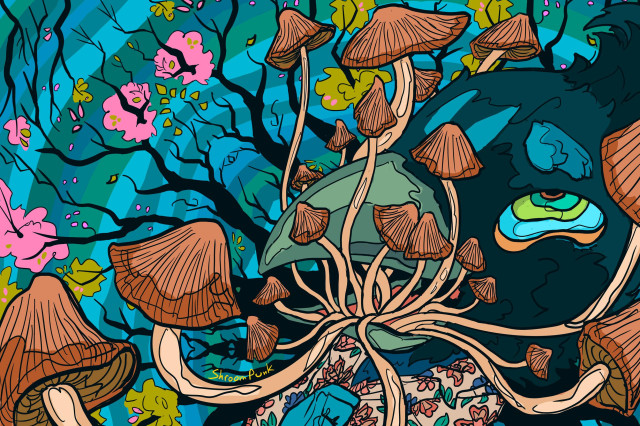 Psychedelic digital illustration of an anthro steller's jay man in a distorted perspective with magic mushrooms growing from his mouth. He's leaned back with an overwhelmed expression and gripping his floral shirt with one feathery hand. The background is a swirl of tree limbs with pink and green leaves over a striped teal backdrop. 