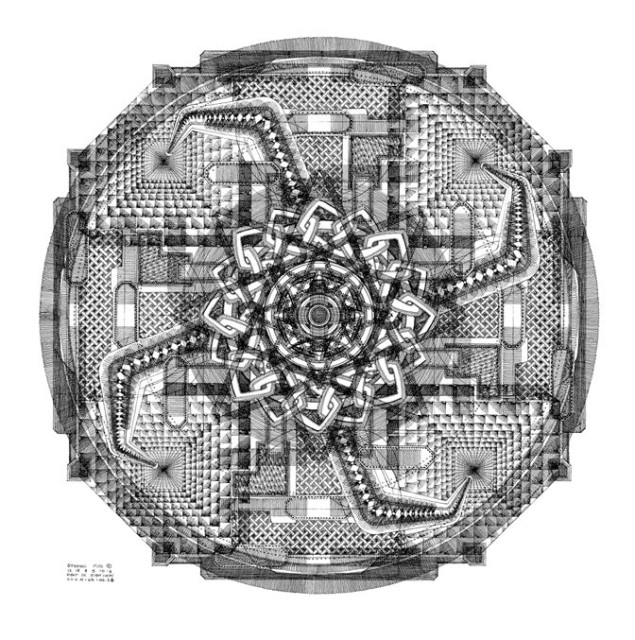 A drawing with black ink of a circular design with symmetrical patterns in each quadrant 