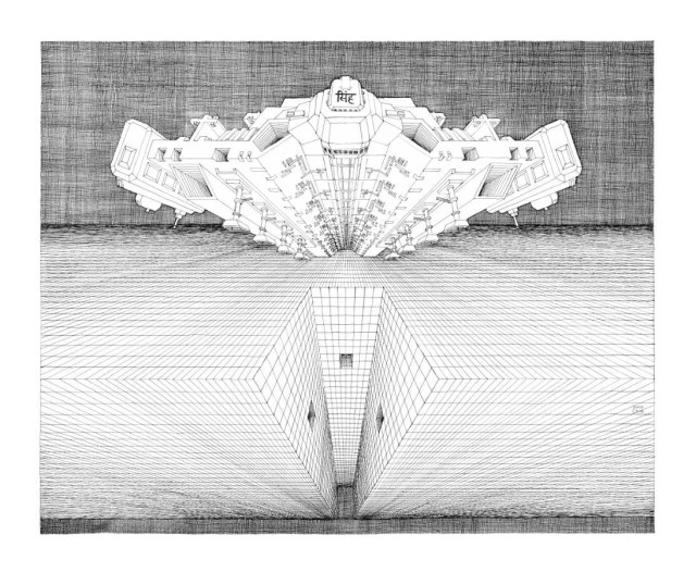 A black and white drawing of a spaceship in an area with a disappearing horizon grid