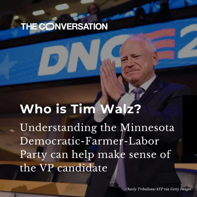 Tim Walz poses with a gesture of gratitude at the 2024 DNC. The graphic reads "Who is Tim Walz? Democratic-Farmer-Labor Party can help make sense of the VP candidate". 