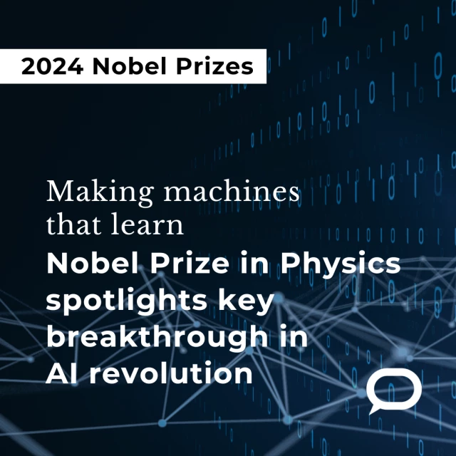 The graphic says "2024 Nobel Prizes. Making machines that learn. Nobel Prize in Physics spotlights key breakthrough in AI revolution."