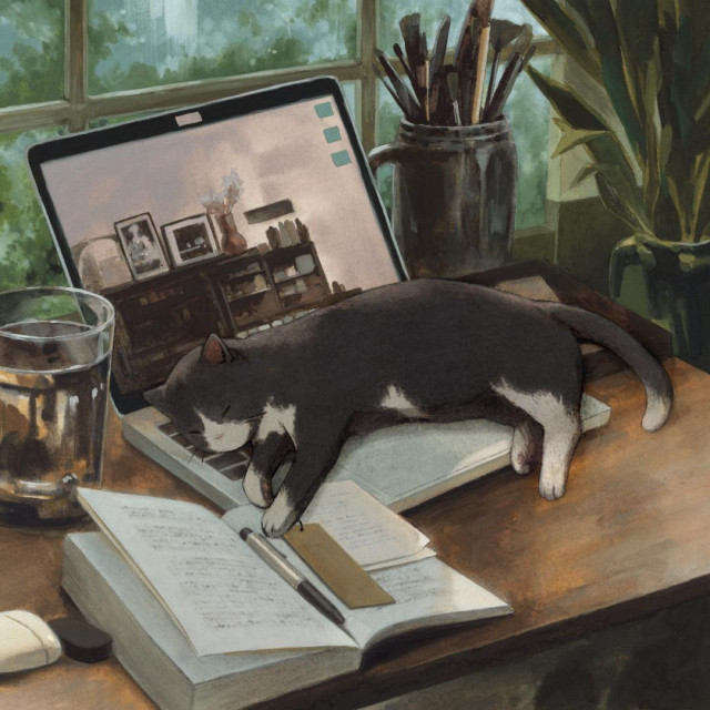 A gouache painting of a cat lying on a laptop keyboard. Green, brown and neutral colours.