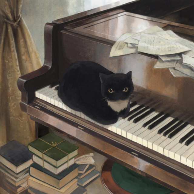 A gouache painting of a black cat sitting on a piano. Brown and neutral colours.