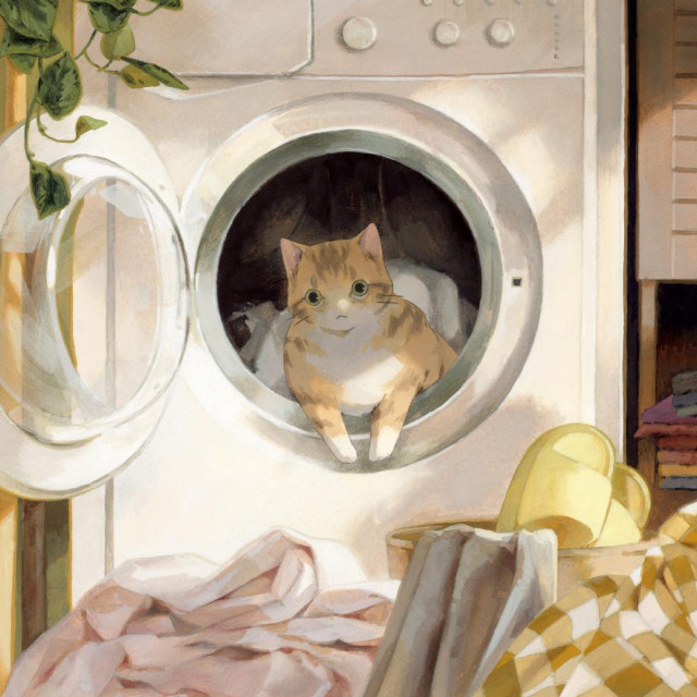 A gouache painting of a cat sitting in a washing machine. Orange and creamy colours.