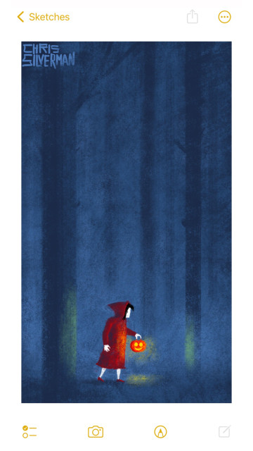 Little Red Riding Hood walks through a deep, spooky forest, holding a glowing orange jack-o'-lantern in one hand. The dark woods press in all around. 