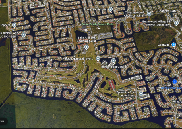 Google Earth 3D close up of neighborhood in Punta Gorda in surge zone... all built on canals.