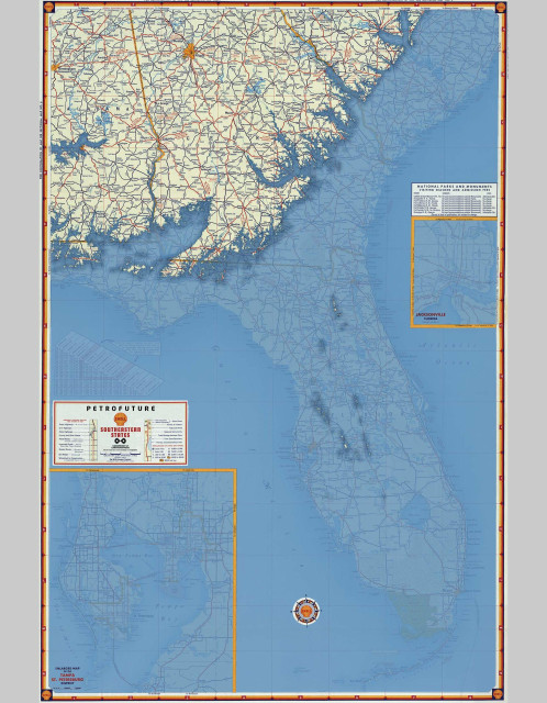 Petrofuture map of Florida--66m sea level rise on a 1956 Shell Oil gas station map