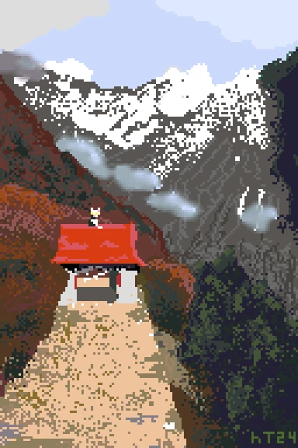 Pixelart painting of: "A dirt path leading along the edge of a mountain to further snowy peaks in the distance. There's a little building crossing the path, with white-painted walls and a red roof." And there is a cat on the roof.