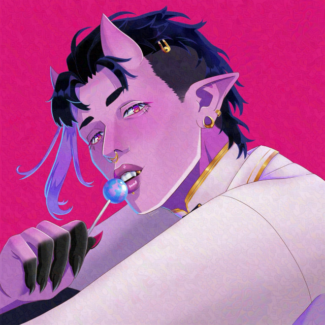 A digital drawing of a pinkish demon who is eating a lollipop and looking at the viewer.