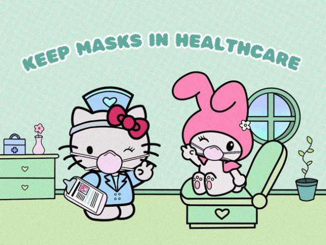 Art: Hello Kitty doctor scene in respirator masks. Text reads "Keep Masks in Healthcare"