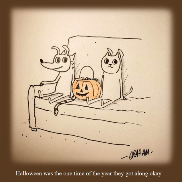 A cartoon illustration of cat wearing a dog mask and dog wearing a cat mask sitting together on a couch with a pumpkin full of halloween candy between them.