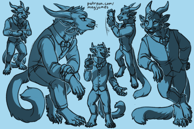 Sketch page featuring multiple sketches of Drap, a charr, in multiple poses and angles. The sketches are loosely shaded and toned in blue.