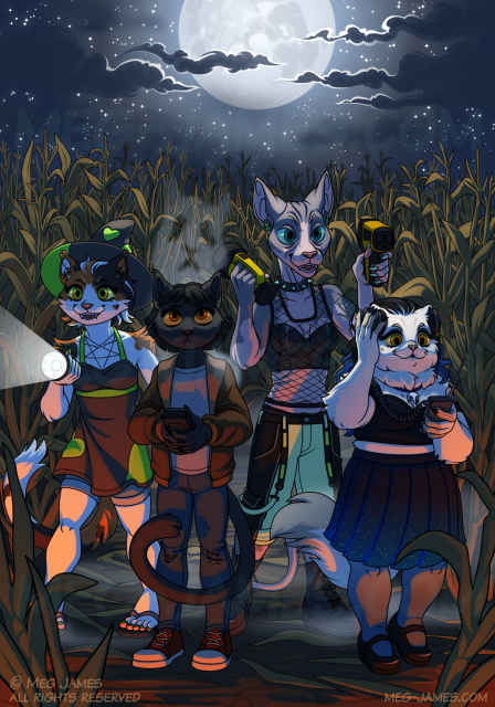 Illustration of four anthro cats in a corn maze. The calico cat on the left is holding a flashlight, the sphynx cat center-right looks at a thermal imaging camera, and the persian cat on the right listens to headphones plugged into a "spirit box" device. Those three look like they're having fun. The black cat, center-left, holds an EMF reader and looks up nervously at a ghostly specter that no one else seems to see.