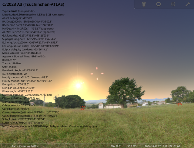 Computer generated view of the Sun low above the horizon, as seen from Centurion, South Africa, for 5:15pm on 11 October 2024. The position of bright comet C/2023 A3 (Tsuchinshan-ATLAS) is indicated about 5 degrees above the sun and nine degrees to the right. That's 10 times the width of the full moon, and 18 times the width of the full moon, respectively)