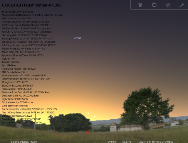 Computer generated view of the Sunset as seen from Centurion, South Africa, at 6:10pm on 11 October 2024. The position of bright comet C/2023 A3 (Tsuchinshan-ATLAS) is almost on the horizon and will be obscured by local geography for many observers. Venus is near the top of the image, but should be easier to spot than it appear in this image. The comet is almost directly beneath it, and a little to the right.