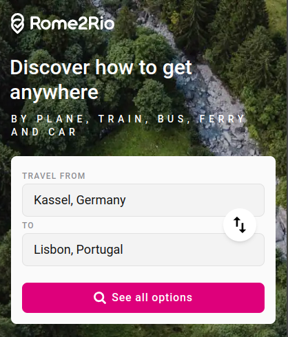 Screenshot of the Rome2Rio website implementing this pattern of having a departure point and a destination as input fields and a button between them allowing to swap their values.