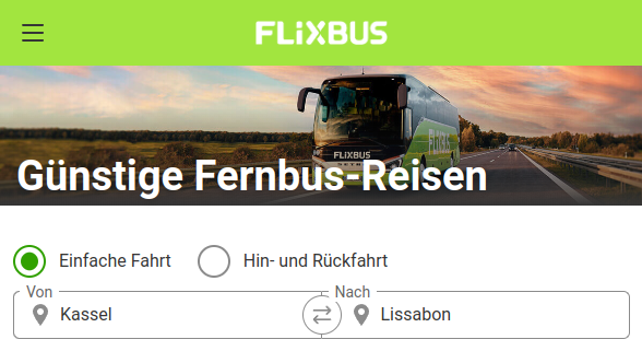 Screenshot of the Flixbus website implementing this pattern of having a departure point and a destination as input fields and a button between them allowing to swap their values.