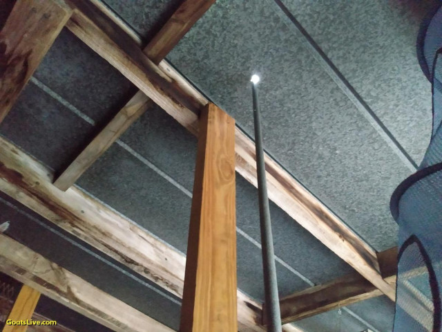 Looking up inside of the metal roof of a pole barn, we see an aluminum antenna element sticking through the roof.