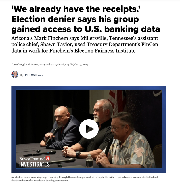 
'We already have the receipts.' Election denier says his group gained access to U.S. banking data
Arizona's Mark Finchem says Millersville, Tennessee's assistant police chief, Shawn Taylor, used Treasury Department's FinCen data in work for Finchem's Election Fairness Institute
