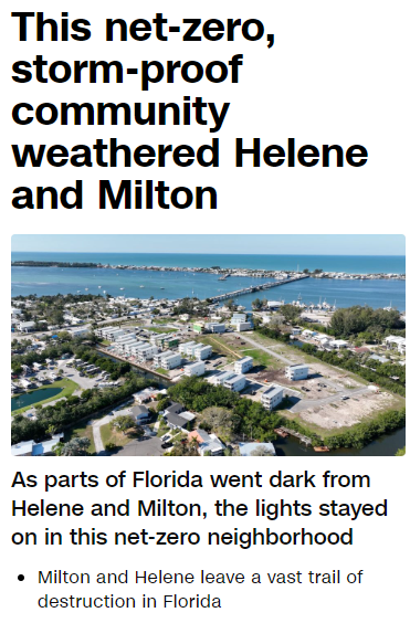 This net-zero, storm-proof community weathered Helene and Milton
Construction workers are seen securely attaching solar panels to the roofs’ raised vertical seams to prevent them from flying off during violent storms in April 2024.
As parts of Florida went dark from Helene and Milton, the lights stayed on in this net-zero neighborhood