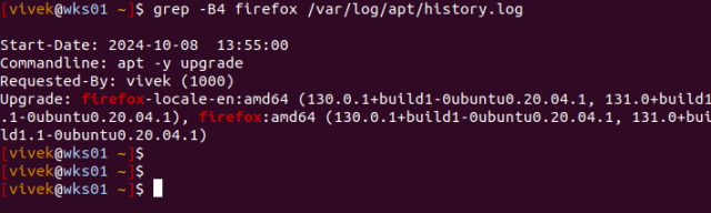 Want to find out when a package like Firefox was last upgraded on your system?  Try grep command to query the /var/log/apt/history.log file on your Debian based system.