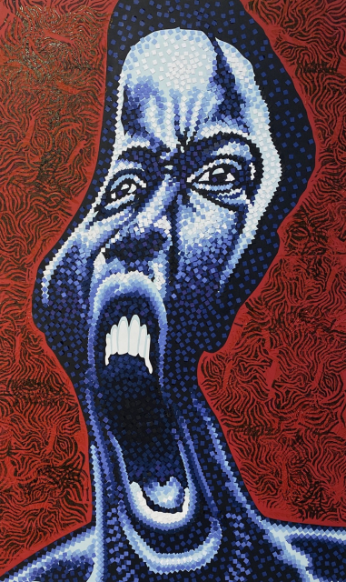 15”x25” image of the face of a black man mid-scream. Image is in blue tones against a dark red background.