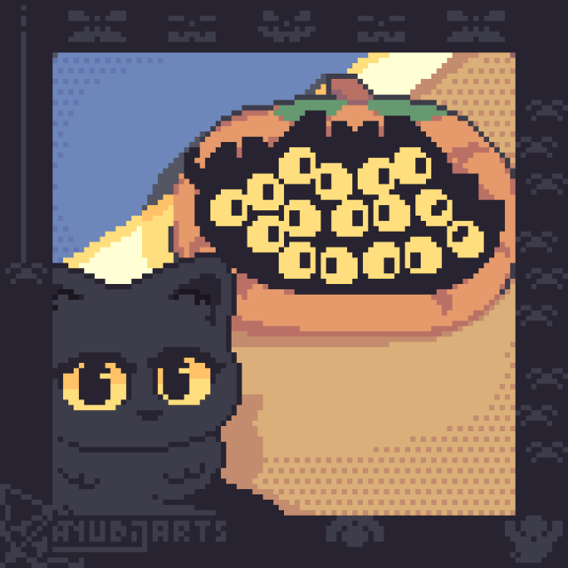 A Pixel Art Redraw featuring a cat, lying down on the bottom left side of the image, staring directly at the camera/viewer. Behind them, there's a pumpkin bed with a big amount of kittens above it, to the point that it's essentially a void with multiple eyes poking out. My family's pretty cool, aren't they?