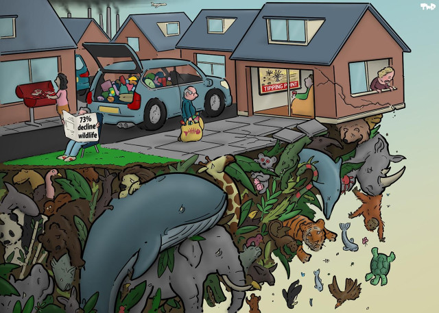 Cartoon showing a cliff made up of different wild animals. Animals are dying and falling off, making the cliff crumble. On top of the cliff is a neighborhood of houses. The house closest to the cliff edge is also crumbling, while someone inside is watching a news report on the climate tipping point. In the rest of the neighborhood, people are unloading groceries from an SUV, grilling meat on the BBQ and reading a newspaper with the headline '73% decline wildlife' on a lawn chair. In the background we see factories with chimneys billowing black smoke and an airplane in the sky adding to the pollution.