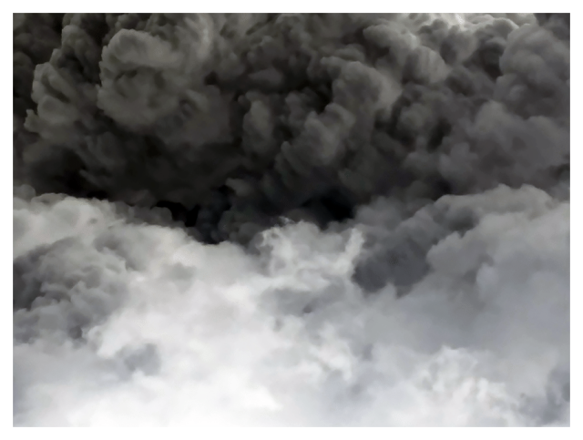 horizontal black and white. roiling clouds in two distinct blocks. shades of gray/black across the top half, and white/pearl gray on bottom.